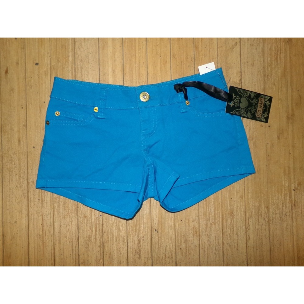 ZCO Jeans Turquoise Blue Shorts Womens Sz 1 Low Rise‎ Hot Pants Gold Rivet